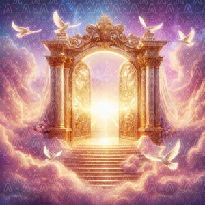 Puede incluir: Ilustración digital de un arco dorado con tallas ornamentadas, sobre un fondo de nubes y luz brillante. Palomas blancas vuelan alrededor del arco, creando una escena celestial.