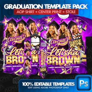 Puede incluir: Un paquete de plantillas de graduación con un diseño morado y dorado. El diseño incluye una camisa, impresión central y estola. El texto incluye "GRADUATION TEMPLATE PACK", "Congrats", "Letisha Brown", "Class of 2026" y "100% Editable Templates".