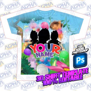 May include: A blue t-shirt design template featuring a cartoon scene with characters and balloons. The text "YOUR NAME" is displayed in pink and white letters. The template is for use with Adobe Photoshop.