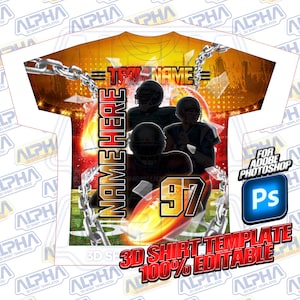 Puede incluir: Una plantilla de camiseta 3D con temática de fútbol. El diseño incluye una silueta de jugador de fútbol, un balón de fútbol, cadenas y el texto "TEAM NAME" y "NAME HERE". La plantilla es para usar con Adobe Photoshop.