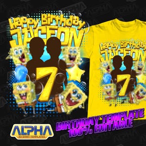 Puede incluir: Una camiseta amarilla con temática de Bob Esponja. La camiseta presenta una imagen de dibujos animados de dos niños, el número 7 y el texto "Happy Birthday JACEON".