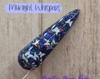 Midnight Whispers Nail Dip Powder: Black Glitter, Blue & Butterfly Confetti