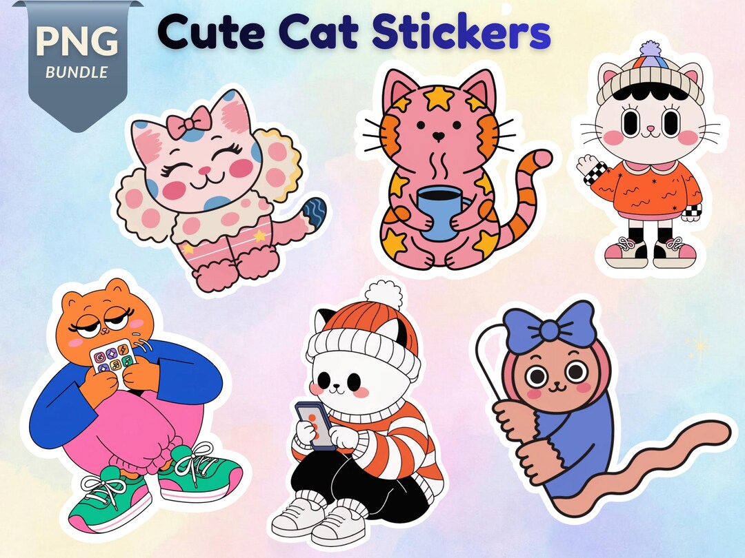 Kawaii Cat Sticker Pack 20pcs Printable, Cute Kitty PNG Stickers ...