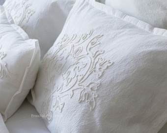 Off White Stonewashed Cotton Bedding for Wedding or Anniversary Gift Queen or King size with Unique Embroidery and Ruffles