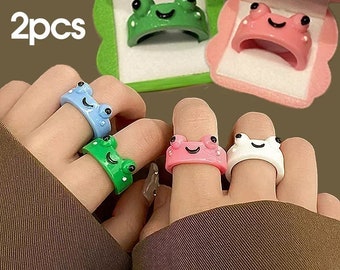 Anillos de rana hechos a mano: lindas joyas de animales, opciones de color personalizadas, regalo perfecto para mujeres, conjunto único de 2 anillos con cajas de ranas