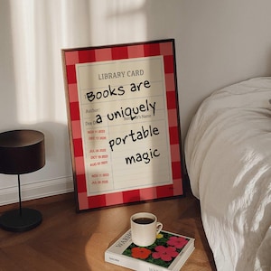 Bücher sind ein einzigartig tragbarer magischer Druck, Mid Century Bibliothekskarten-Wandkunst, Retro-Buch-Plakat, rotes Bücherwurm-Dekor, Bücher-Liebhaber-Geschenk