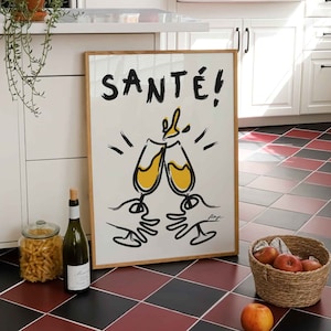 Sante-wijnafdruk, vintage cheers-poster, handgetekende wijnkunst, barwagendecor, esthetische keukenkunstafdruk, cadeau wijnliefhebber