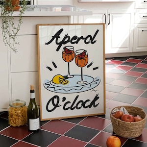 Aperol Spritz-print, kleurrijke drankposter, handgetekende cocktailkunst, retro barwagendecor, moderne keukenmuurkunst, cadeau wijnliefhebber