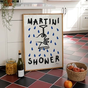 Martiniprint, kleurrijke drankposter, handgetekende cocktailkunst, retro barwagendecor, moderne keukenmuurkunst uit het midden van de eeuw, cadeau wijnliefhebber