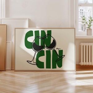 Cin Cin wydruk poziomy, plakat z winem vintage, wydruk z drinkiem retro, dekoracja wózka barowego, plakat pop art, szkic sztuki z połowy wieku, prezent dla miłośnika wina