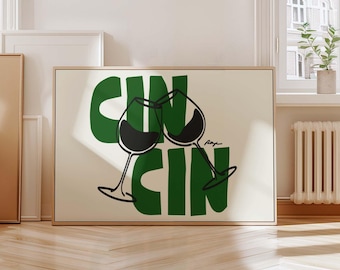 Cin Cin print horizontal, vintage wine poster, retro drink print, bar cart decor, pop art poster, mid century art sketch, wine lover gift