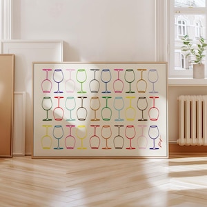 Horizontale wijnglasprint, retro drankposter, minimalistische wijnkunst, barwagendecor, handgetekende schets, cadeau wijnliefhebber, housewarmingcadeau