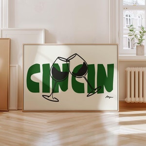 Cin Cin-print horizontaal, vintage wijnposter, retro drankafdruk, barwagendecor, pop-artposter, kunstschets uit het midden van de eeuw, cadeau wijnliefhebber