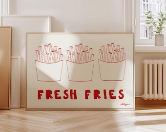 French Fries Print: Retro Food Sketch, Bar Cart Art