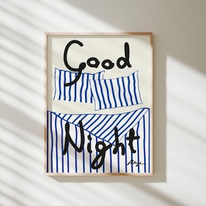 Good Night Bedroom Art Print: Blue Striped Bedding (Digital Download)