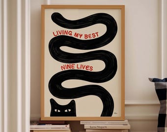 Funny Cat Print: Retro 'Nine Lives' Wall Art, Cat Lover Gift Poster