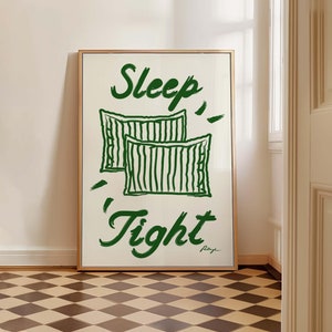 Impresión de "Duerme profundamente", póster de buenas noches, arte de pared de dormitorio dibujado a mano, lindo póster de cita, impresión tipográfica divertida, arte de mediados de siglo, regalo de inauguración de la casa