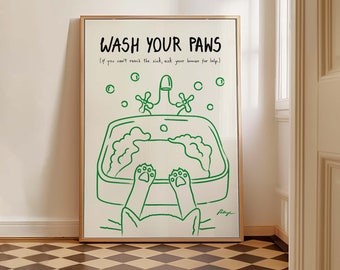 Könnte beinhalten: Grüne und weiße Illustration eines Hundes, der sich die Pfoten in einem Waschbecken wäscht, mit dem Text "WASH YOUR PAWS (If you can't reach the sink, ask your human for help.)" und der Unterschrift "Range".