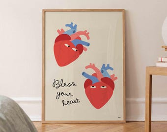 Bless Your Heart Print, Funny Two Hearts Poster, Retro Bedroom Wall Art