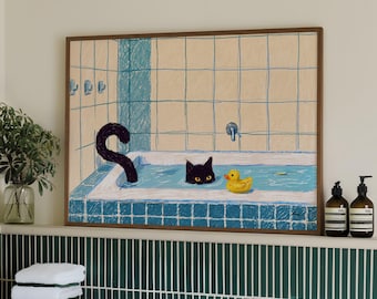 Cat In A Bathtub Poster Horizontal, Funny Bathroom Painting, Whimsical Bath Time Decor