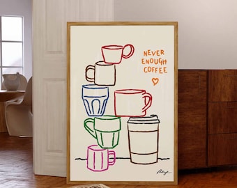 Colorful Coffee Mug Print: Hand-Drawn Kitchen Wall Art