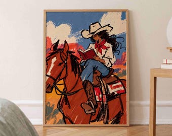 Cowgirl Reading Book Painting, Rustic Horse Print, Western Americana Wall Art, Southwestern Cowboy Decor
