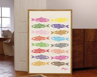 Retro Sardine Sketch Poster: Colorful Kitchen Wall Art