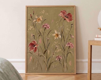 Flowers Print, Vintage Meadow Painting, Olive Green Floral Wall Art, Bedroom Decor