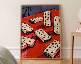 Retro Domino Wall Art, Red Game Table Print, Vintage Apartment Decor