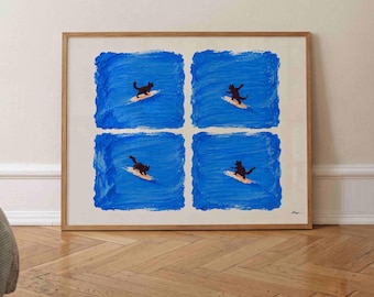 Surfing Cat Print Horizontal, Blue Tiles Painting, Funny Wall Art, Cat Lover Gift