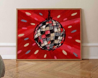 Disco Ball Print Horizontal, Retro Music Poster, Red Living Room Wall Art
