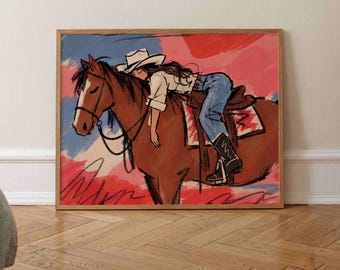 Retro Cowgirl Print Horizontal, Rustic Horse Painting, Western Poster, Southwestern Americana Art, Cowboy Decor