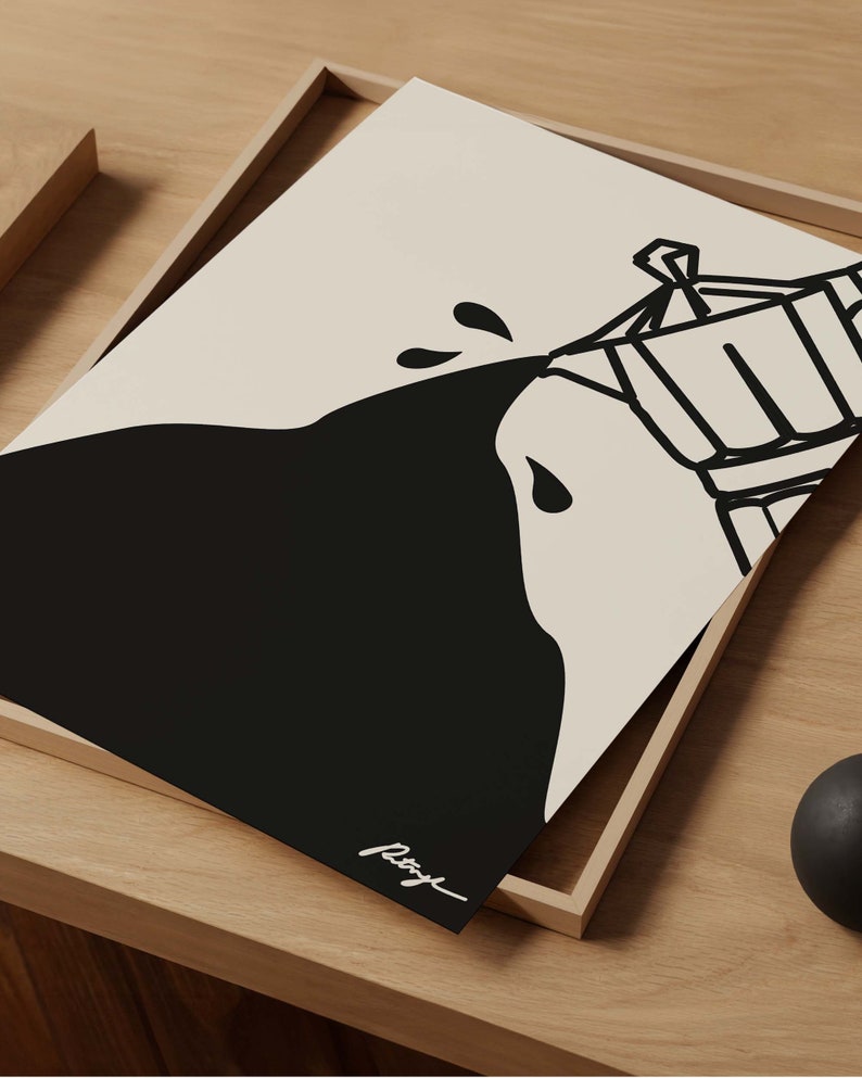 May include: Black and white illustration of a coffee pot pouring coffee into a cup. The illustration is on a beige background with the word "pretty" written in cursive at the bottom.