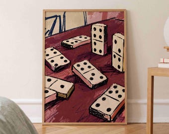 Retro Domino Print, Maroon Game Room Wall Art, Vintage Living Room Decor
