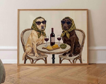 Whimsical Labrador Poster Horizontal, Vintage Wine Painting, Modern Kitchen Wall Art