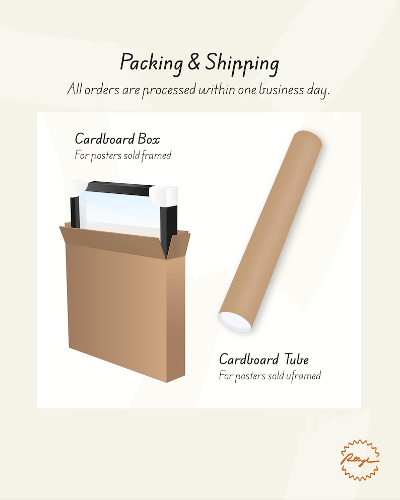 Puede incluir: Ilustraci&oacute;n de opciones de embalaje para carteles. Una caja de cart&oacute;n marr&oacute;n con un p&oacute;ster enmarcado en el interior y un tubo de cart&oacute;n marr&oacute;n para carteles sin enmarcar. El texto dice "Packing & Shipping" y "All orders are processed within one business day."