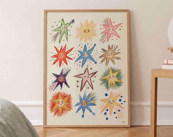 Colourful Stars Print, Celestial Wall Art, Retro Bedroom Poster, Colourful Dorm Decor
