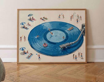 Summer Vinyl Record Poster Horizontal, Minimalist Tiny People Print, Retro Swimming Painting