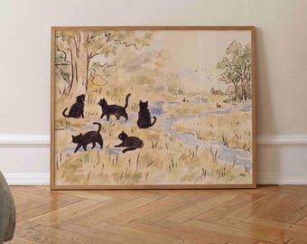 Cats Painting Print Horizontal, Nature Landscape Wall Art, Vintage Animal Poster, Cat Gift