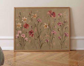 Flowers Poster Horizontal, Meadow Painting, Vintage Floral Wall Art, Living Room Decor
