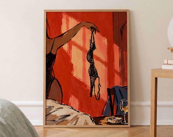 Sensual Poster, Woman With Bra Print, Red Bedroom Painting, Vintage Wall Art