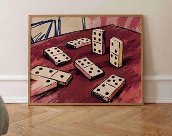 Retro Domino Poster Horizontal, Maroon Table Painting, Vintage Game Room Wall Art