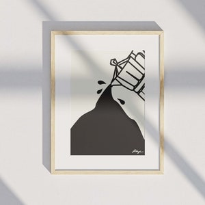 May include: Black and white illustration of a container pouring out a black liquid. The container is tilted and the liquid is spilling out. The illustration is framed in a light wood frame.