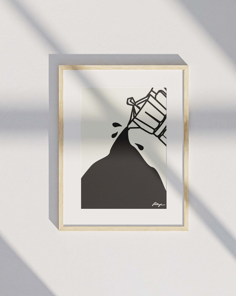 May include: Black and white illustration of a container pouring out a black liquid. The container is tilted and the liquid is spilling out. The illustration is framed in a light wood frame.