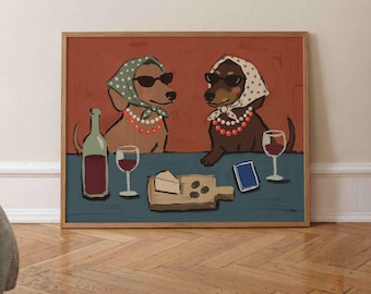 Funny Dog Print Horizontal, Vintage Wine Poster, Modern Kitchen Wall Art, Bar Cart Decor, Retro Dachshund Painting, Wine Lover Gift