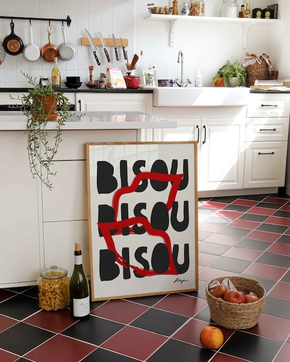 Bisou Bisou Print, Bold Typography Poster, Kisses Wall Art, Funny Love Illustration, Retro Lips Decor, Housewarming Gift