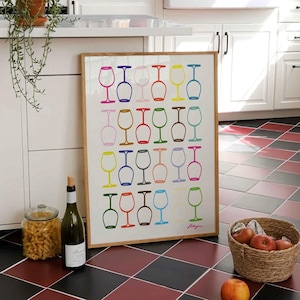 Bicchiere da vino disegnato a mano Poster retrò del vino Arte minimalista del vino Carrello da bar Decorazione Poster colorato dell'alcol Regalo per gli amanti del vino Regalo di inaugurazione della casa