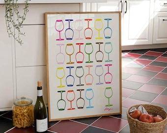 Impresión de vino colorido: póster retro de bebidas, arte de cocina, decoración de carrito de bar, regalo para amantes del vino