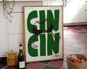 Impresión CinCin: Póster de bebida retro, ilustración de vino vintage, arte mural de cocina moderna de mediados de siglo, decoración de carrito de bar, regalo para amantes del vino.