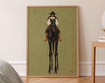 Cowgirl Painting, Rustic Horse Riding Print, Vintage Americana Wall Art, Southwestern Book Reading Decor